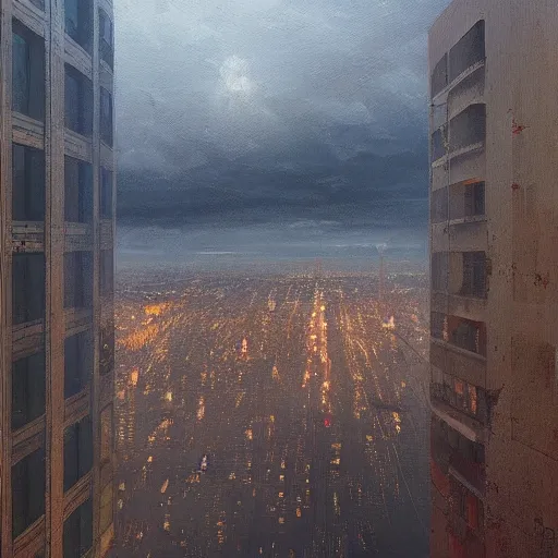 Image similar to the trappings of modern life, a view from the penthouse, oil painting by greg rutkowski