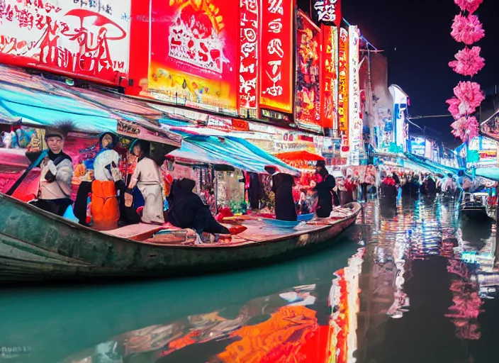 Prompt: floating markets of dotonbori street in pamukkale river in cyberpunk theme during aurora borealis and sakura season, by ruan jia, adim kashin, martine johanna, yoann lossel, jakub rebelka, james jean, rule of thirds, visually stunning, majestic, divine, intricate, vendor, food market,