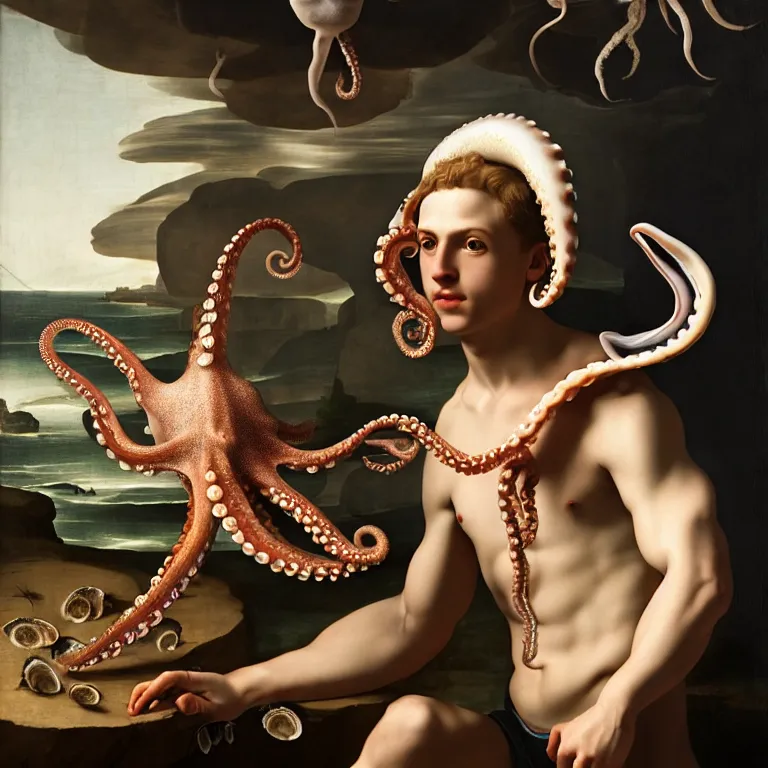 Prompt: young white man standing in a shell, holding a squid, octopus, sea in the background, beautiful baroque portrait painting, beautiful detailed intricate insanely detailed octane render trending on Artstation, 8K artistic photography, photorealistic, chiaroscuro, Raphael, Caravaggio