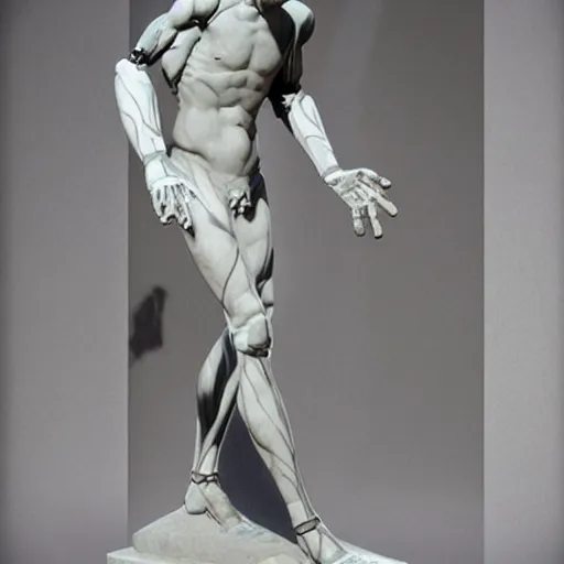 Image similar to marble statue of genetically enhanced human with robot limbs, mercury hair and extra long arms