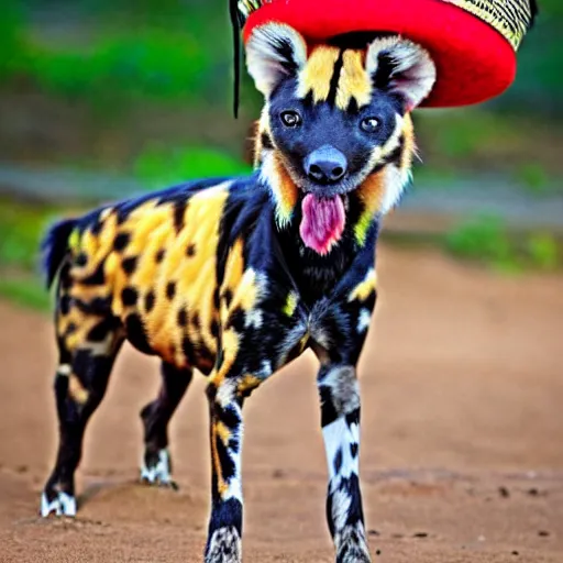 Image similar to A photo of the world's greatest showman: the african painted dog dressed in a hat!