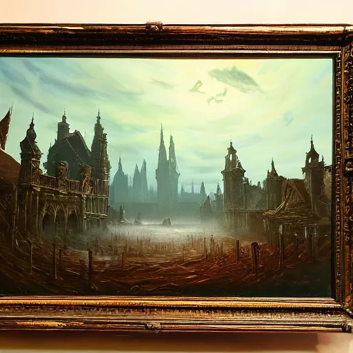 Prompt: bloodborne, beautiful extremely detailed landscape oil on canvas painting in the style of 1 9 th century hudson river school of art