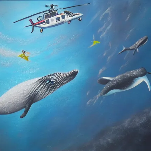 Prompt: an modern hyperrealistic painting of helicopters flying underwater around a big whale