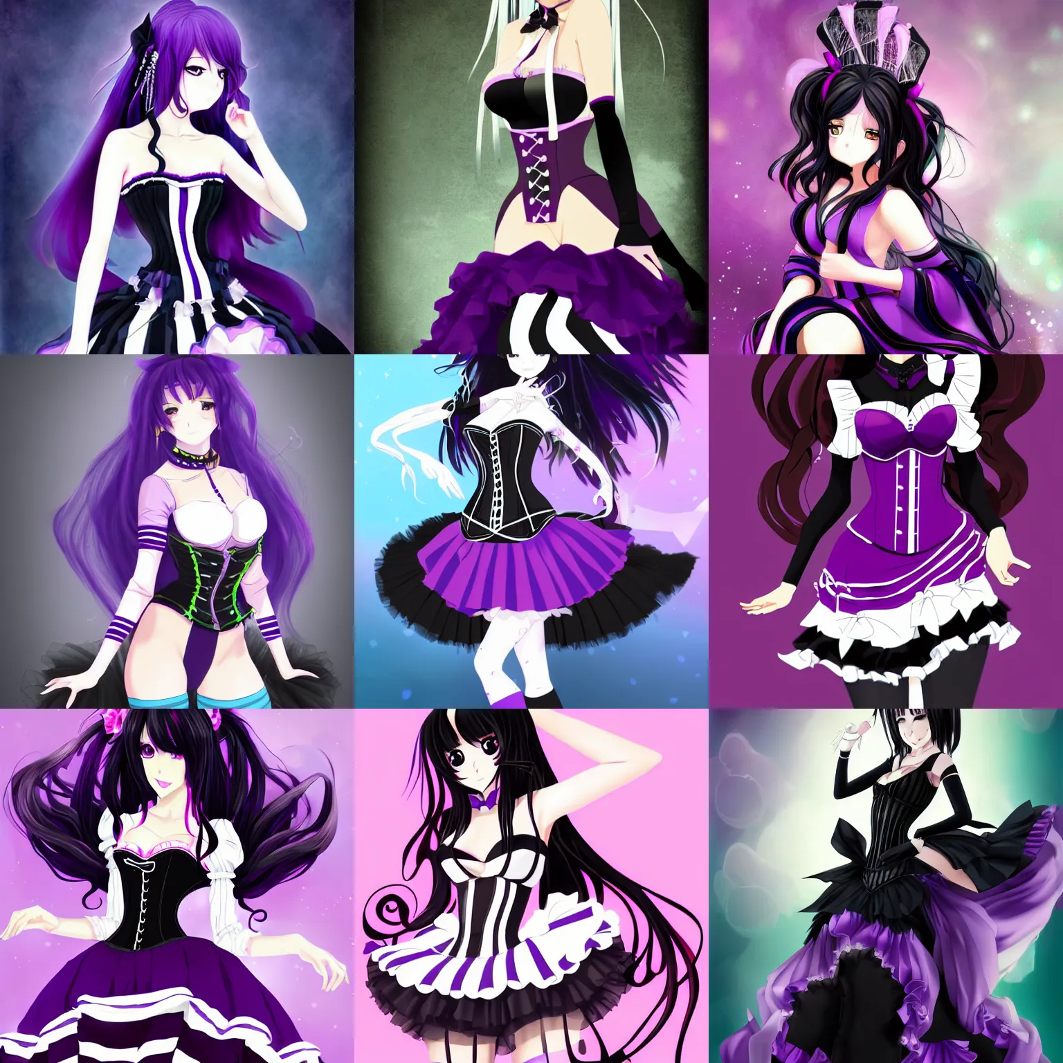 Prompt: a beautiful anime woman with long black hair, wearing a black corset top, a purple tutu, black gloves and long purple socks with white stripes, digital art, fantasy art