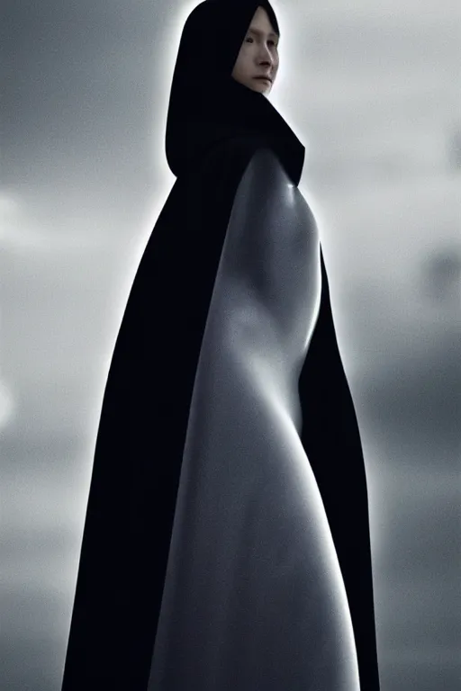 Prompt: a girl wearing long futuristic dark cloak by yohji yamamoto standing in a shadow of the moon light, sense of mystery, muted colors, simple shapes, long shot, full shot, by bill henson, by gregory crewdson, golden ratio, perfect composition, dramatic, fine detail, intricate, octane render, 8 k