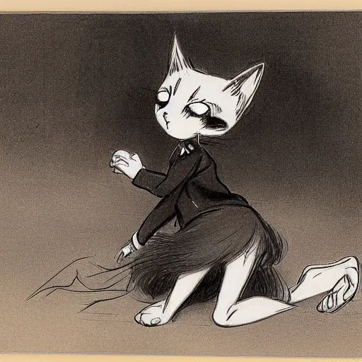 Prompt: an anime cat girl, 1871 Punch magazine cartoon, milt kahl pencil sketch