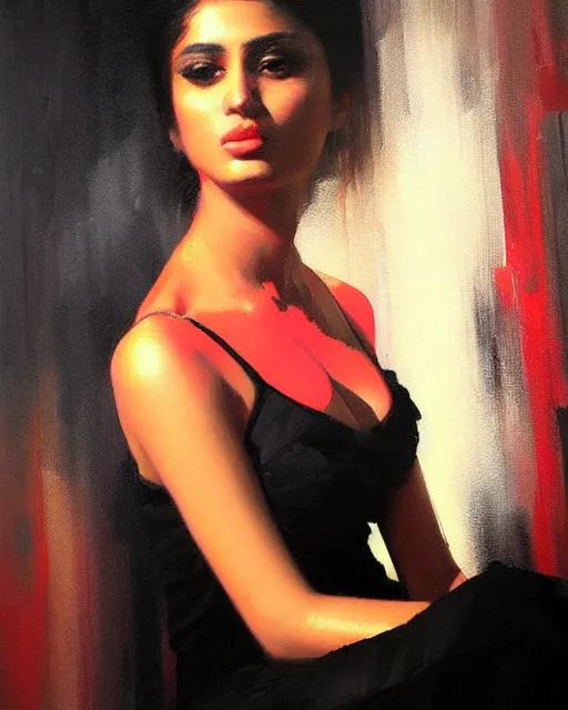 Image similar to beautiful portrait painting an gorgeous delhi girl wearing a little black dress at a nightclub, red lighting, oil painting, art by ruan jia