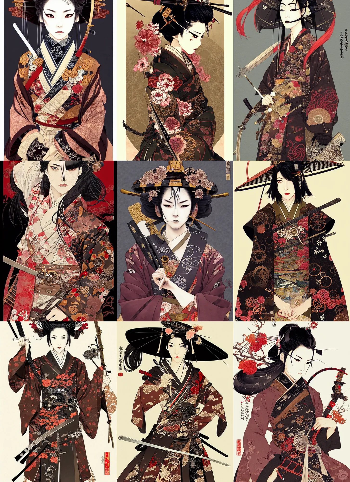 Prompt: very beautiful steampunk samurai, detailed portrait, wearing kimono, sword, by conrad roset, takato yomamoto, jesper ejsing, beautiful