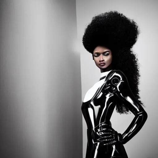 Prompt: Close up of a beautiful black female fashion model with huge hair wearing a black robotic dress in room of mirrors, photography ,vogue magazine editorial