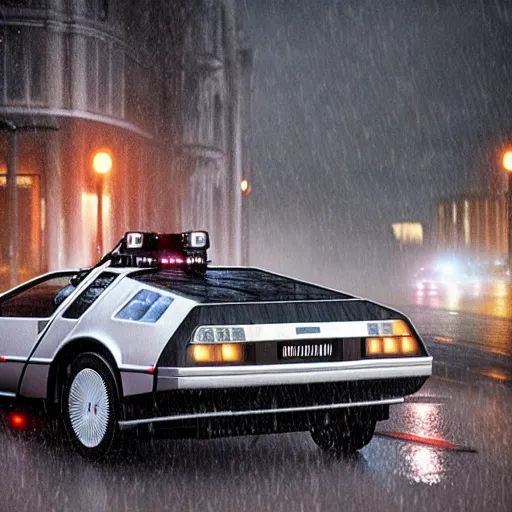 Image similar to hyperdetailed, photorealistic photograph of a dmc 1 2 delorean driving in the streets, rain, night, dense fog, hd, unreal engine 5