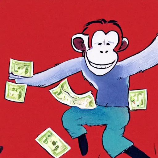 Prompt: a monkey juggling wads of cash, illustration by Quentin Blake