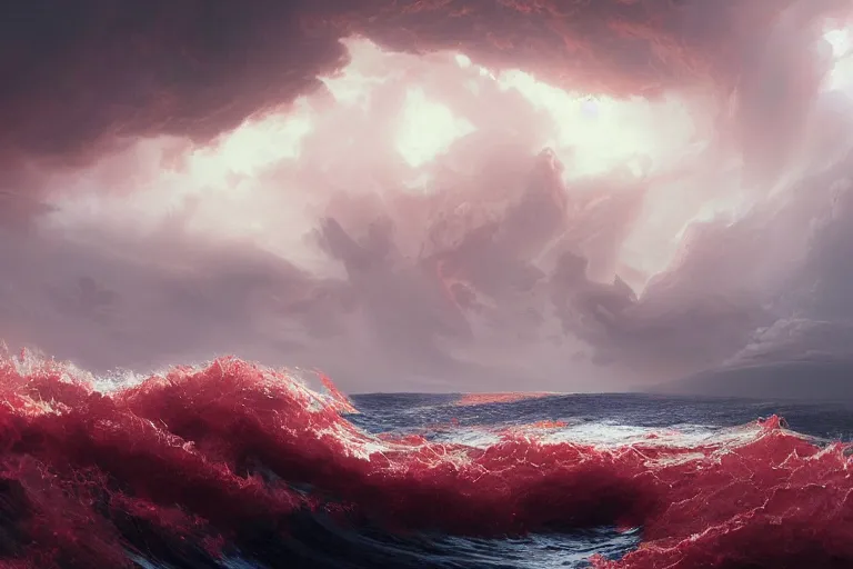 Prompt: turbulent ocean made of dark - red energy under a bed of loquaciously indulgent cloudy skies, emanating red mist, illustrated by greg rutkowski and gaston bussiere, artstation, cgsociety contest winner, intricately defined, complexly detailed, zbrush, mannerism, 4 k