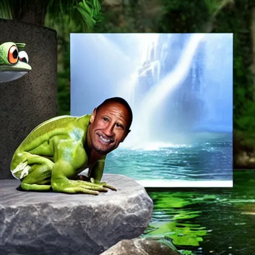 Prompt: Dwayne Johnson and Pepe the Frog having a drink on the seaside, realistic, hyperreal, beautiful lighting, art masterpiece, waterfall, photorealistic