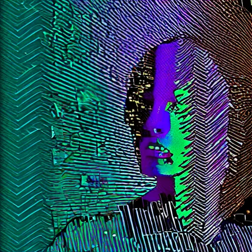 Image similar to video processing vhs glitch art in the silhouette of a woman, ethereal glow, line - art,