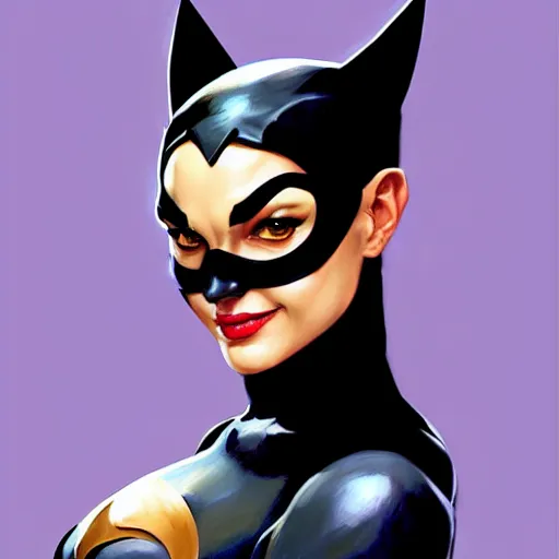 Prompt: Greg Manchess portrait painting of Catwoman as Overwatch character, medium shot, asymmetrical, profile picture, Organic Painting, sunny day, Matte Painting, bold shapes, hard edges, street art, trending on artstation, by Huang Guangjian and Gil Elvgren and Sachin Teng