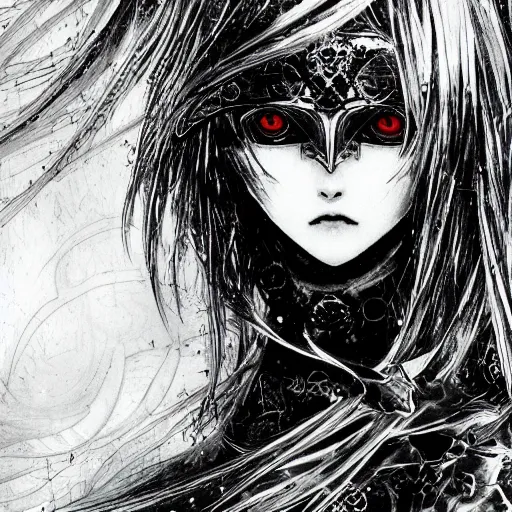 Image similar to Yoshitaka Amano blurred and dreamy illustration of an anime girl with a pirate eye patch, wavy white hair and cracks on her face wearing Elden ring armour with the cape fluttering in the wind, closeup shot, abstract black and white patterns on the background, noisy film grain effect, highly detailed, Renaissance oil painting, weird portrait angle