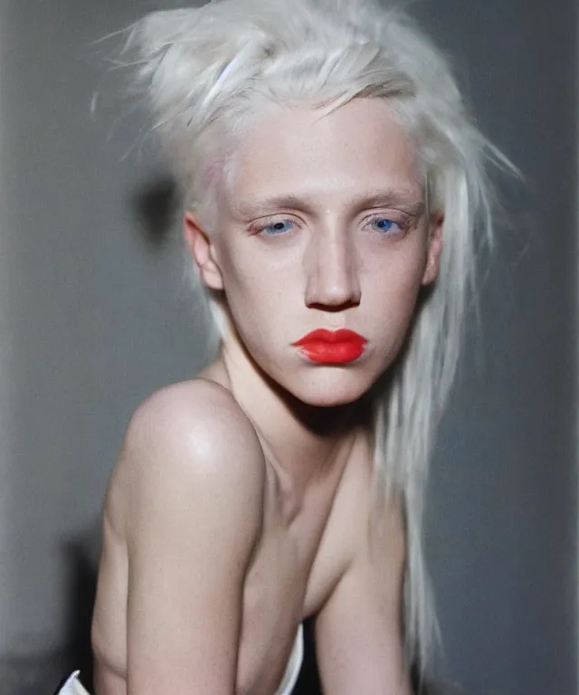 Image similar to a color photograph of a non binary model, platinum blonde, by nan goldin, intense, bold, hyperrealistic, ultra sharp, extra details, ultra high quality, trending on pinteresst