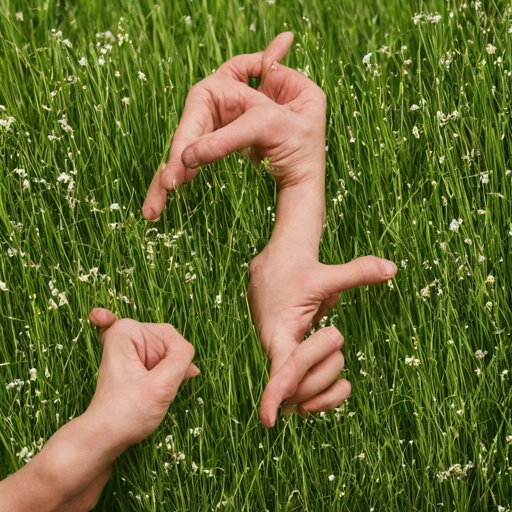 Prompt: a highly detailed realistic hand with pointing finger indicates a single blade of grass in a beautiful sunlit meadow, close - up, hyper - detailed, verdant, beautiful