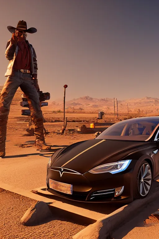 Image similar to cyberpunk cowboy with his tesla in the Mojave desert, high definition, many details, dramatic scene, detailed and realistic hands, symmetrical face, realistic eyes, art of unreal engine 5