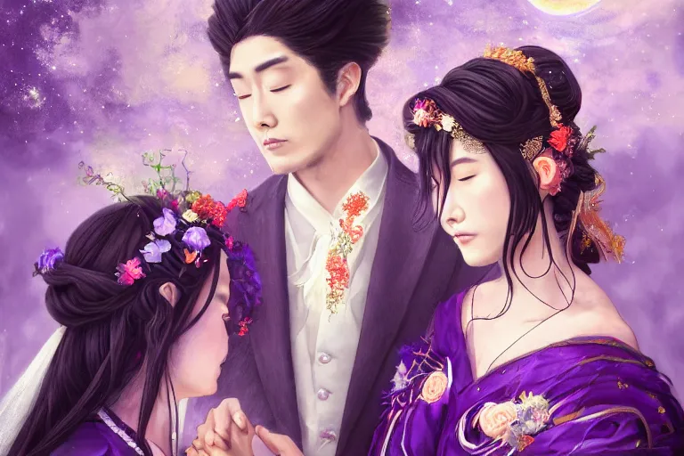 Image similar to a cinematic portrait of wedding photograph jpeg close up moment of a divine a japan sun god and moon goddess lovers magician at a wedding banquet. portraiture. digital painting. artstation. concept art. fantasy wedding photo. digital painting, 8 k realistic, hyper detailed, violet evergarden art masterpiece by art by krenz cushart