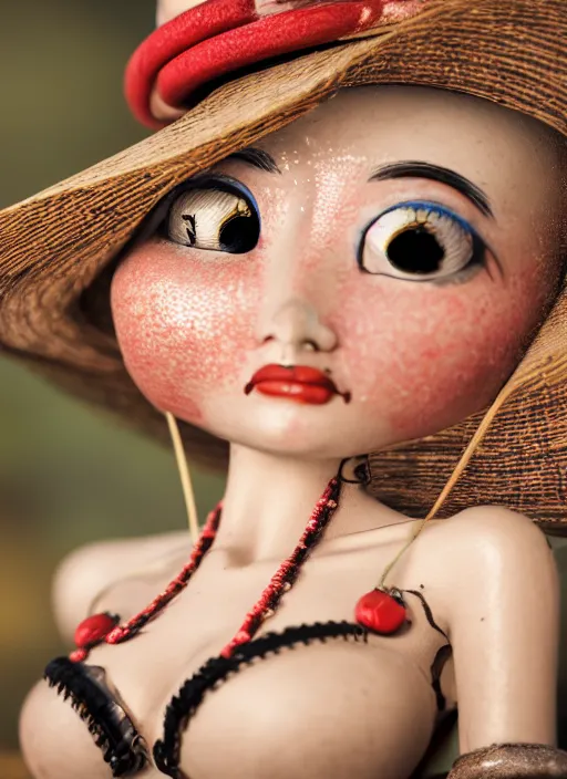 Prompt: closeup portrait of tin toy girl, rice hat, vietnam bikini, depth of field, zeiss lens, detailed, symmetrical, centered, fashion photoshoot, by nicoletta ceccoli, mark ryden, lostfish, breathtaking, 8 k resolution, extremely detailed, beautiful, establishing shot, artistic, hyperrealistic, octane render
