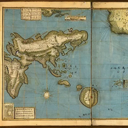 Prompt: 1 5 0 0 s cartographers map depicting two large islands, two medium sized islands, and one small island from a birdseye view with blue water inbetween