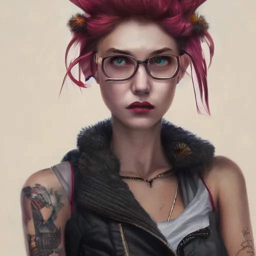 Image similar to highly detailed portrait of a punk young lady by by Loish, Artgerm,Greg Rutkowski, 4k resolution