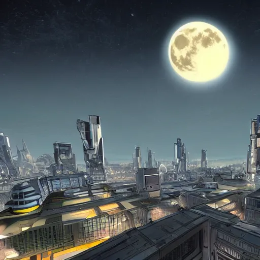 Image similar to point perspective, scifi city in the future, full moon in the city