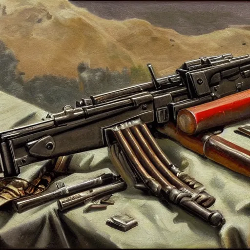 Image similar to mg 4 2 machine gun, german, oil painting, detailed, high quality