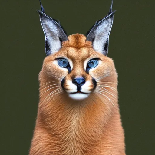 Image similar to full body photo of cute caracal. he is wearing laurel wreath on his ears, studio light