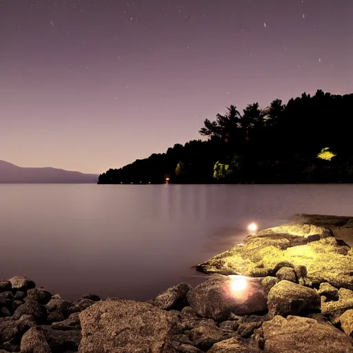 Image similar to lake of constance at night on a rocky beach with stars above and a full moon. photo trending on artstation