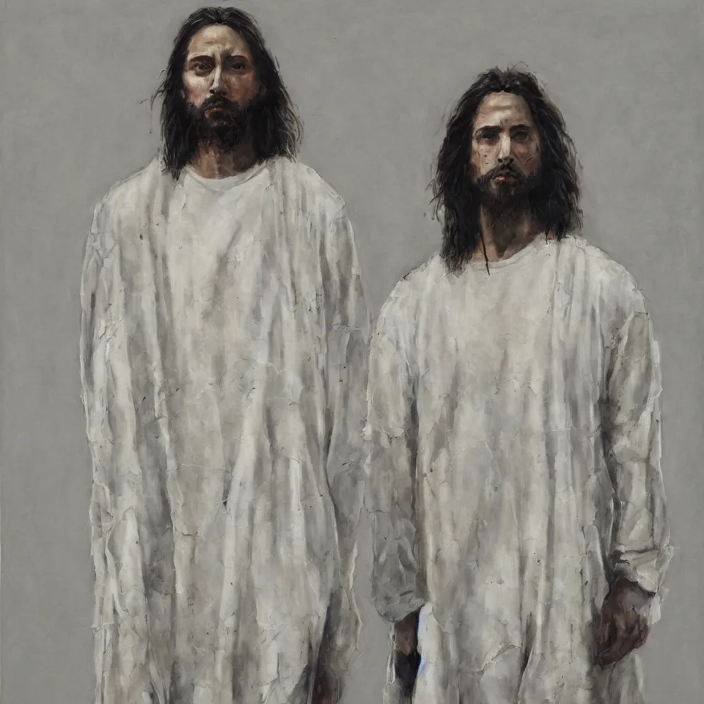 Image similar to a full body lookbook portrait of modern - day jesus wearing cream yeezy and fear of god menswear collection by nicola samori, detailed, oil painting, hyper - realistic, 8 k, yeezy collection