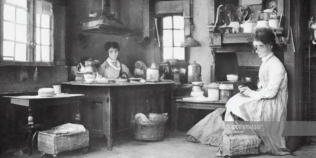 Image similar to a young edwardian woman baking bread in a cozy french kitchen