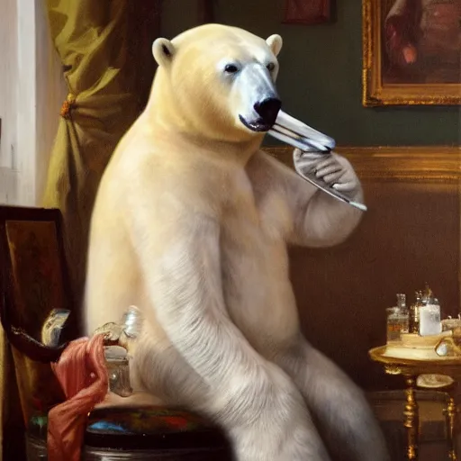 Prompt: a beautiful portrait of a victorian polar bear in his salon smoking a cigar by Franz Xaver Winterhalter, oil on canvas, trending on Artstation