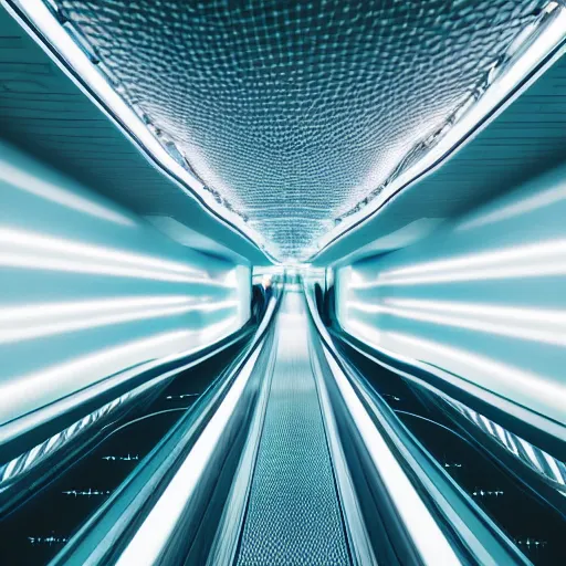 Image similar to approaching futuristic helical escalator inside white back glossy lit tube with streaming beams of light, building anticipation, scintillating, movement, pastel gradients, 8 k, highly detailed, professional photograph, epic composition, modern details