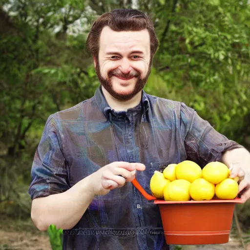 Image similar to A photograph of a confused man holding up a bucket of lemons