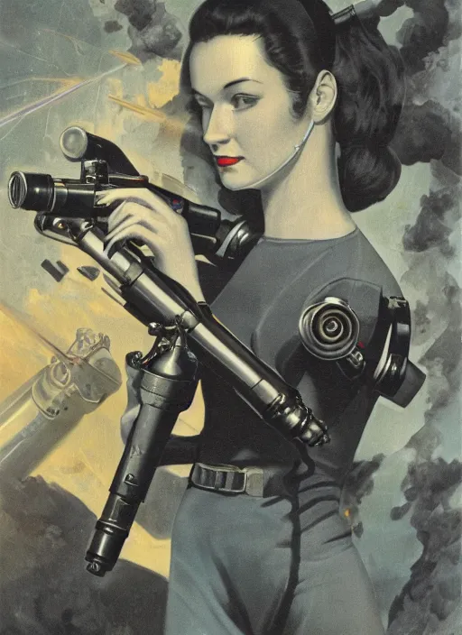 Prompt: a vintage Raypunk painting of a woman holding a raygun blaster, subsurface scattering, life like, intricate detail, 4K HD