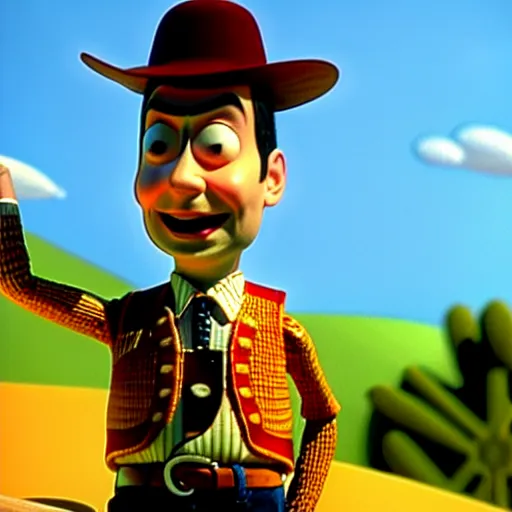 Image similar to mr. bean as woody from the toystory movie. movie still. cinematic lighting.