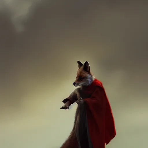 Image similar to an anthropomorphic fox in a robe overlooking a village in the moor, dramatic lighting, overcast weather, highlands, anthro fox in a robe, realistic furry, sharp focus, 8 k, artstation, artstation hq, greg rutkowski, gregory manchess