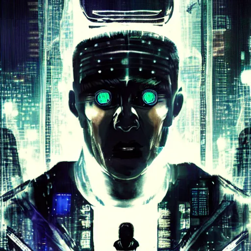 Prompt: a menacing cyborg, in the style of bladerunner movie.