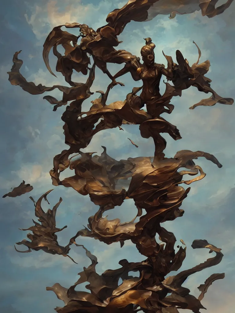 Image similar to a bronze statue of a dynamic flying character by peter mohrbacher