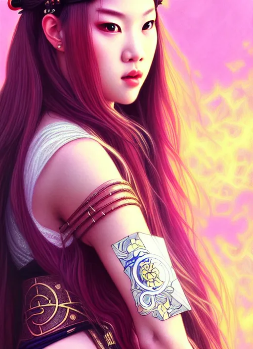 Image similar to jossi of blackpink, samurai, tarot card, highly detailed, digital painting, smooth, sharp focus, illustration, ultra realistic, 8 k, art by artgerm and alphonse mucha