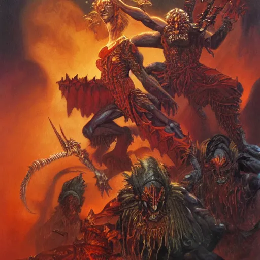 Prompt: demons and warriors by boris vallejo and guillermo del toro, highly detailed, sharp, 8 k, deep colors, oil painting