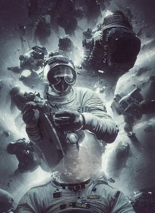Image similar to astronauts in dark and empty void underwater - complex and hyperdetailed technical suit. reflection and dispersion materials. rays and dispersion of light. volumetric light. 5 0 mm, f / 3 2. noise film photo. flash photography. ultra realistic, wide angle. poster by wayne barlowe, hajime sorayama aaron horkey, craig mullins