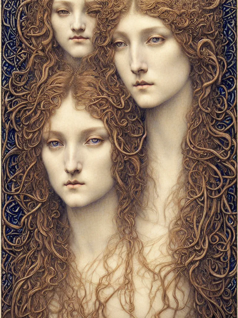 Image similar to detailed realistic beautiful young medieval queen face portrait by jean delville, gustave dore and marco mazzoni, art nouveau, symbolist, visionary, gothic, pre - raphaelite. horizontal symmetry