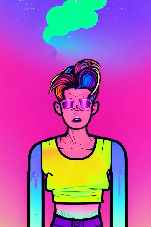 Image similar to a award winning half body portrait of a beautiful woman with stunning eyes in a croptop and cargo pants with rainbow colored ombre hairstyle head in motion and hair flying by josan gonzales, neon outlines, outrun, vaporware, shaded flat illustration, digital art, trending on artstation, highly detailed, fine detail, intricate