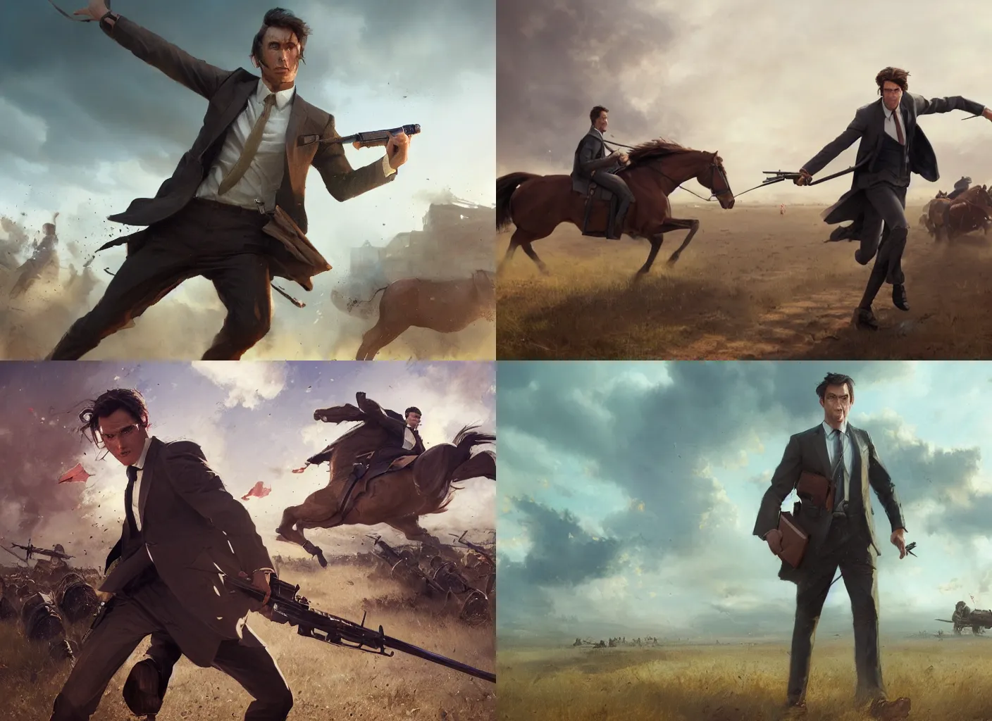 Prompt: cinematic artwork of man with brown hair wearing a business suit on a battlefield holding a briefcase standing defiantly before a cavalry charge by Greg Rutkowski, 4k, masterpiece