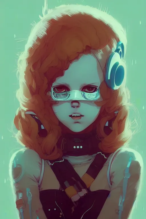 Image similar to techno music - wave highly detailed portrait female in edm club, with kitsune mask, long red hair, by atey ghailan, by greg rutkowski, by greg tocchini, by james gilleard, by joe fenton, by kaethe butcher, dynamic lighting, gradient light blue, brown, blonde cream and white color scheme, grunge aesthetic