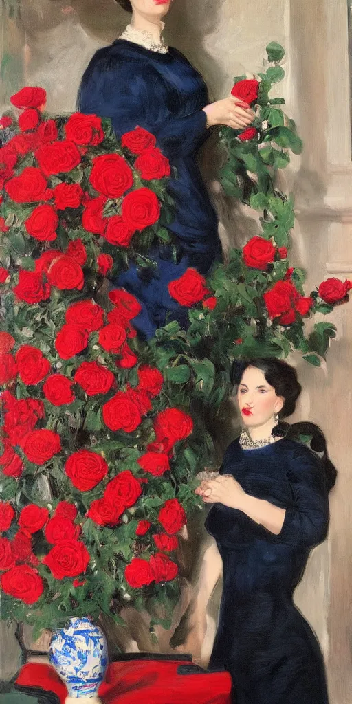 Prompt: portrait of rebekah delrio in lynch pattern dress beside of a big persian detailed pot of red roses, blue and red lights, mulholland drive, painted by john singer sargent and kim jungi - w 5 7 6