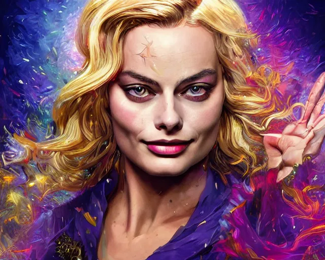 Image similar to margot robbie as a beautiful magician casting colorful spells, fantasy art, in the style of JOHN STEPHENS, illustration, epic art, fantasy, intricate, elgant, amazing detail, digital painting, artstation, concept art, smooth, sharp focus